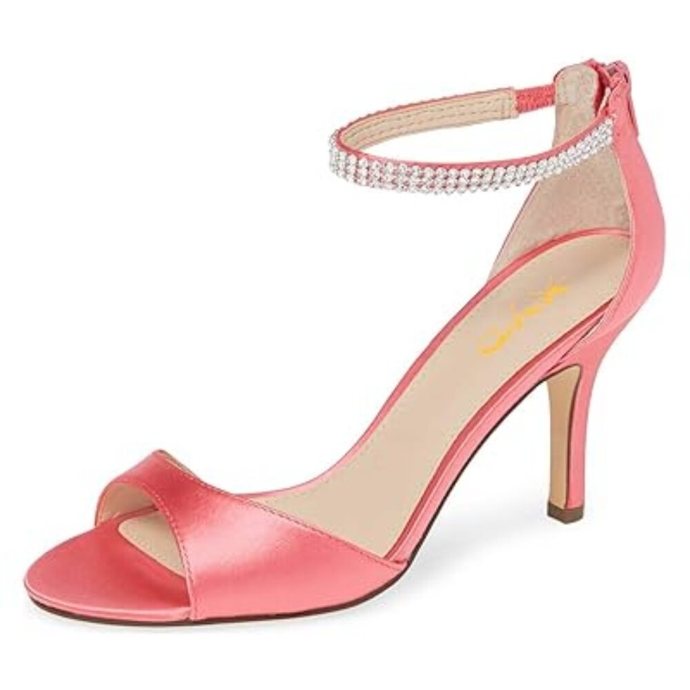 XYD Women's Open Toe Rhinestones Ankle Strap Sandals Mid Heel Pumps Bridal Eveni